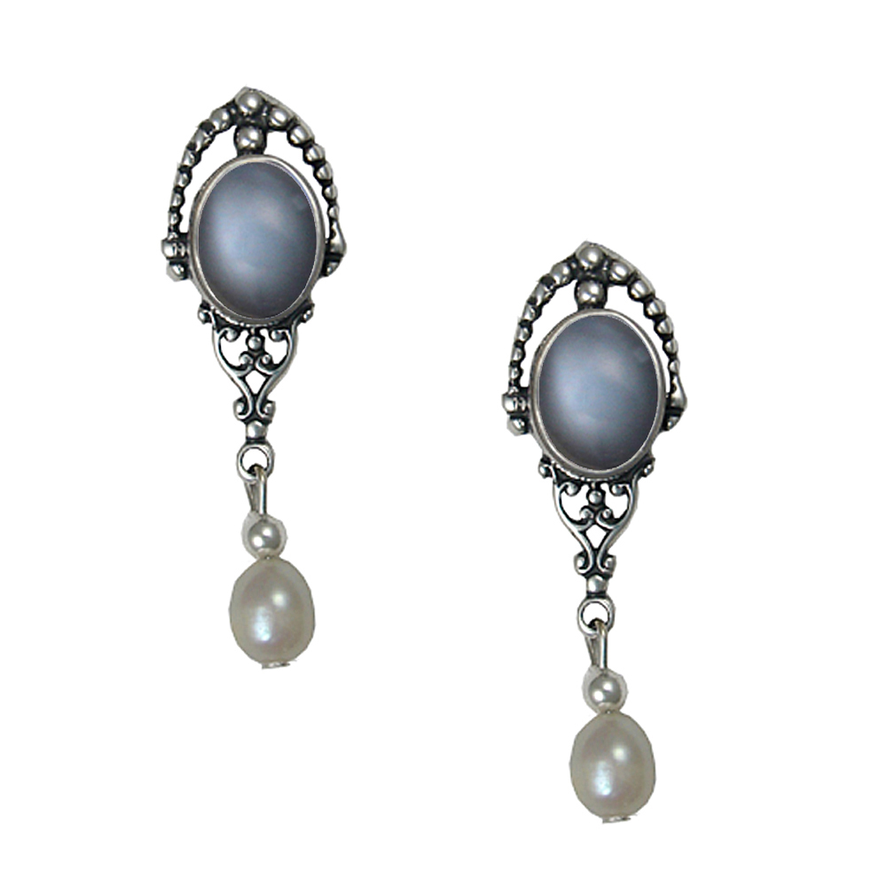 Sterling Silver Cultured Freshwater Pearl Drop Dangle Earrings With Grey Moonstone